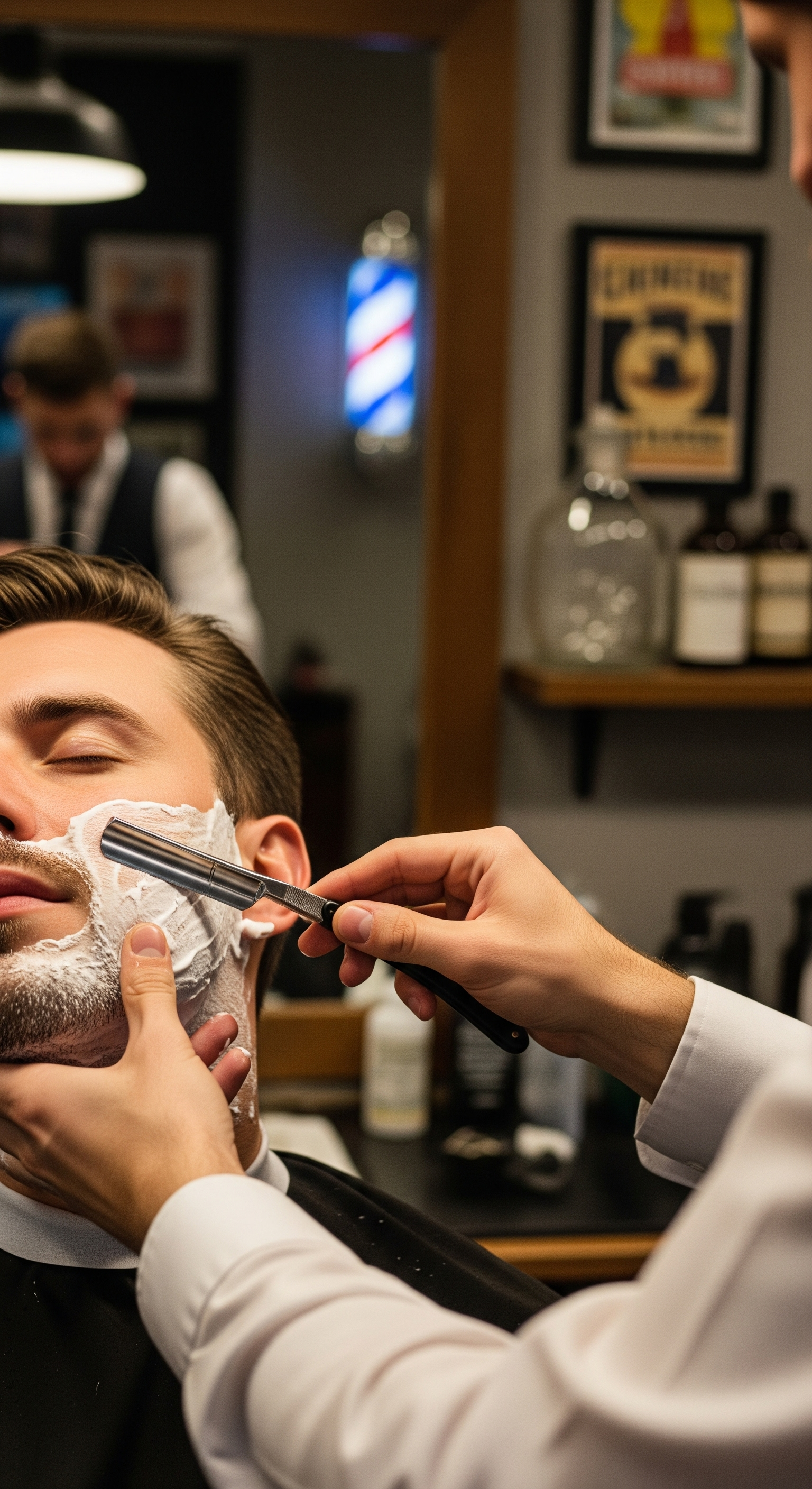 Manos de un barbero afeitando con navaja a un cliente.